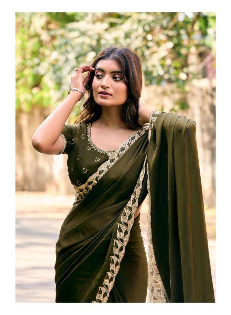 Grab Mantra Olive Green Satin Chiffon Saree Having Leaf Shape Jercon Border Plus Unstitch Blouse - Image 2
